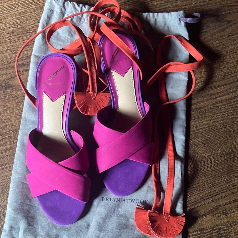 Brian Atwood Pink and Purple Suede Lace-Up Heels with Orange Wrap Ties
